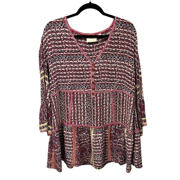 Maeve by Anthropologie Lilyana Tiered Silk 3/4 Sleeve Tunic Blouse Womens Large - Picture 2 of 7